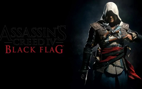 HD wallpaper of Assassin's Creed IV: Black Flag showcases a hooded assassin with a mysterious gaze, clad in detailed armor, against a black backdrop. The game title is prominently displayed on the left.