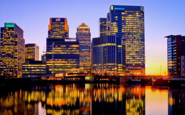Man Made London Cities United Kingdom England Canary Wharf Thames Night Building Light Sunset HD Wallpaper | Background Image