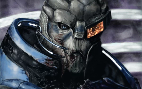 Garrus Vakarian from Mass Effect — close-up of the turian in armor with an orange visor and blue lighting, 2K Quad HD PC desktop wallpaper.