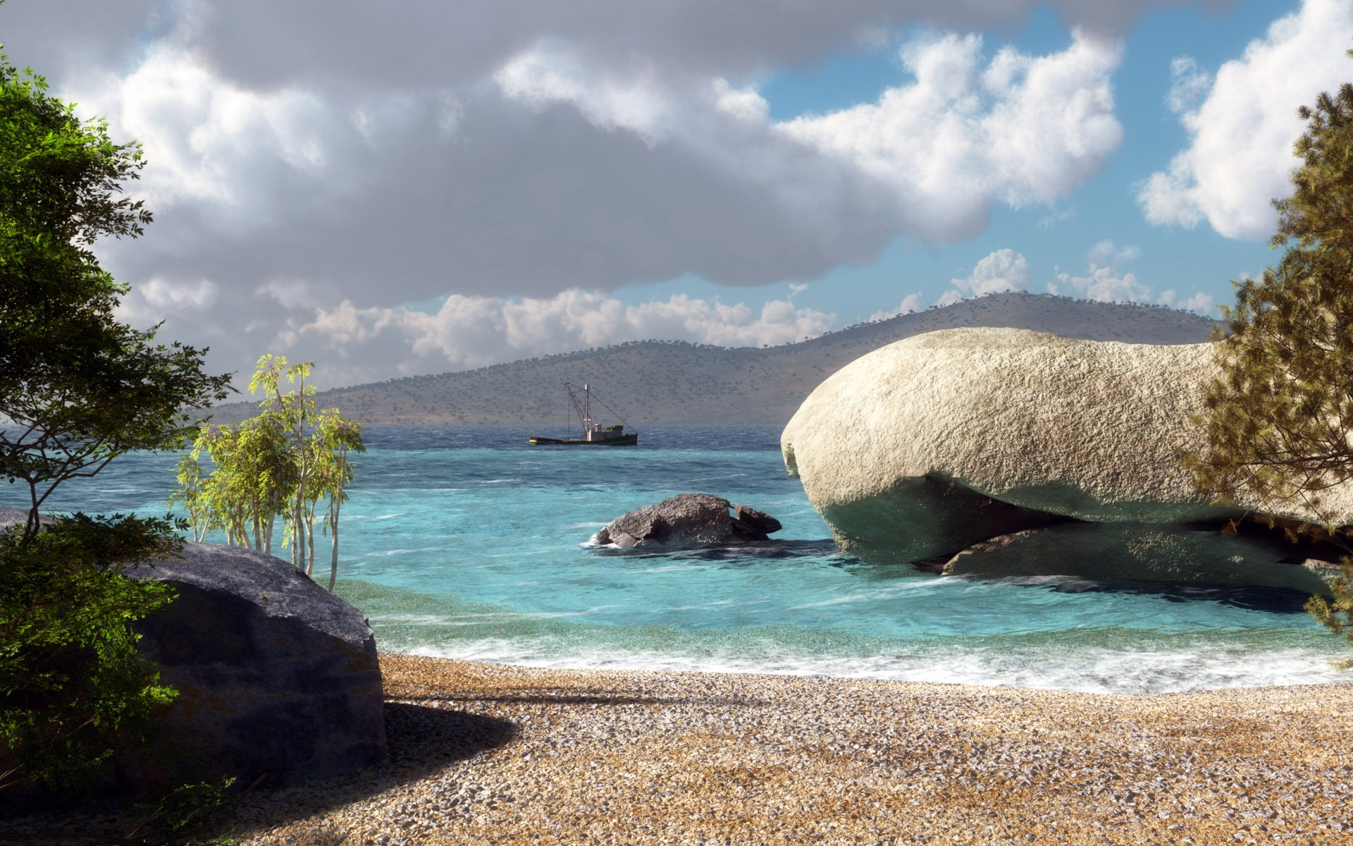 HD PC desktop wallpaper: serene nature beach cove with pebbled shore, turquoise water, large rounded boulder, distant boat and cloudy sky, trees framing the tranquil background.