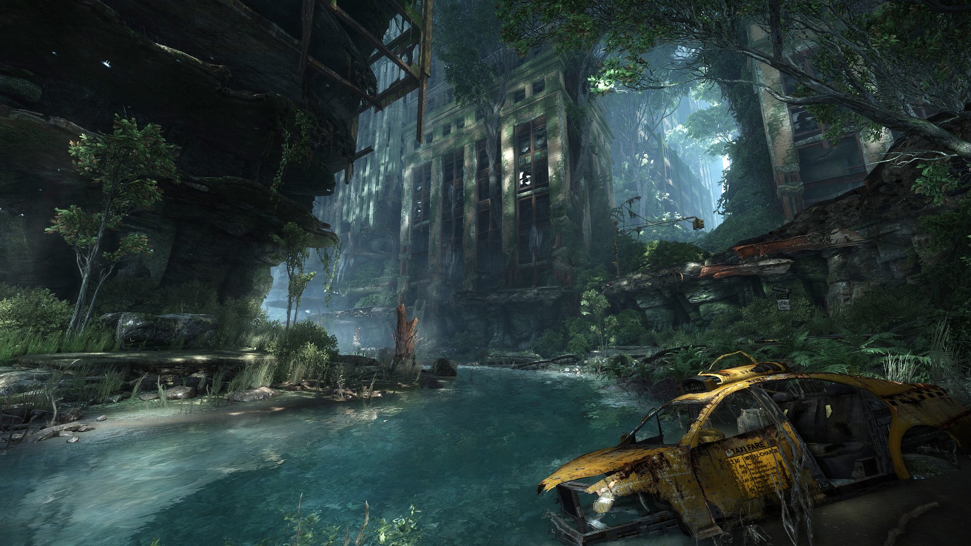 A stunning HD background from Crysis 3, showcasing a lush, overgrown landscape with a waterway and remnants of a futuristic city, blending nature and technology.