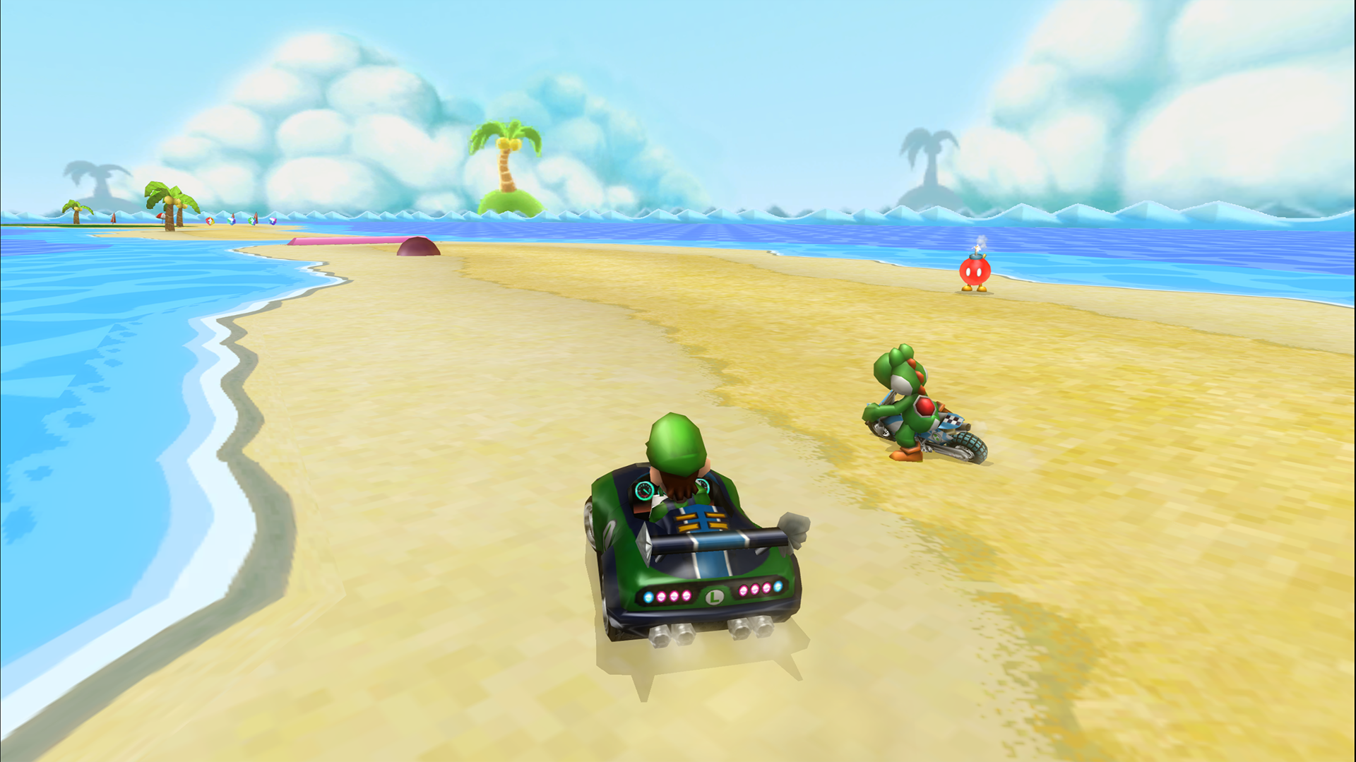 HD wallpaper of Mario Kart Wii featuring Luigi and Yoshi racing on a sunny beach track.