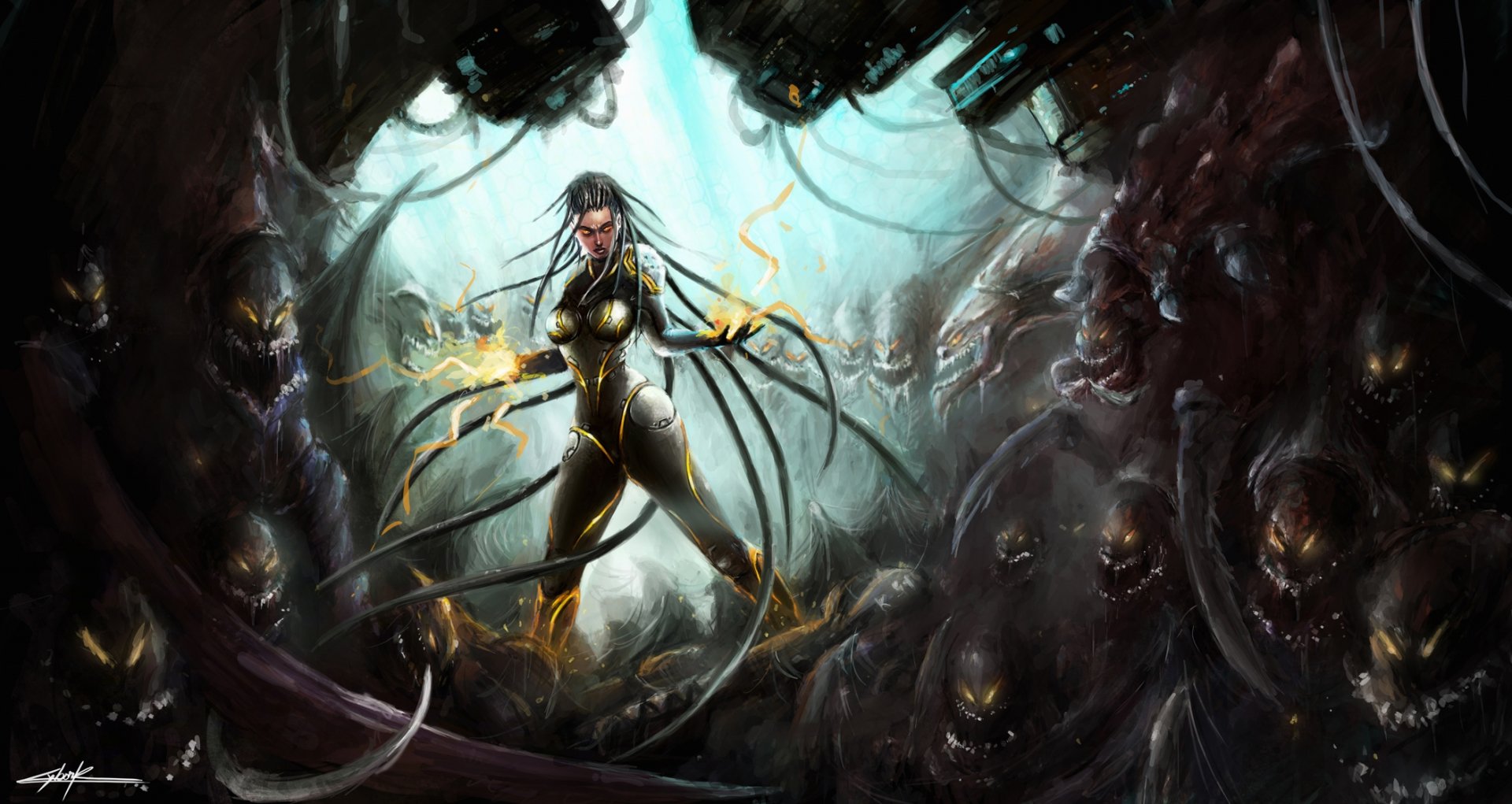 HD wallpaper featuring Sarah Kerrigan from StarCraft II: Heart of the Swarm, surrounded by alien creatures.