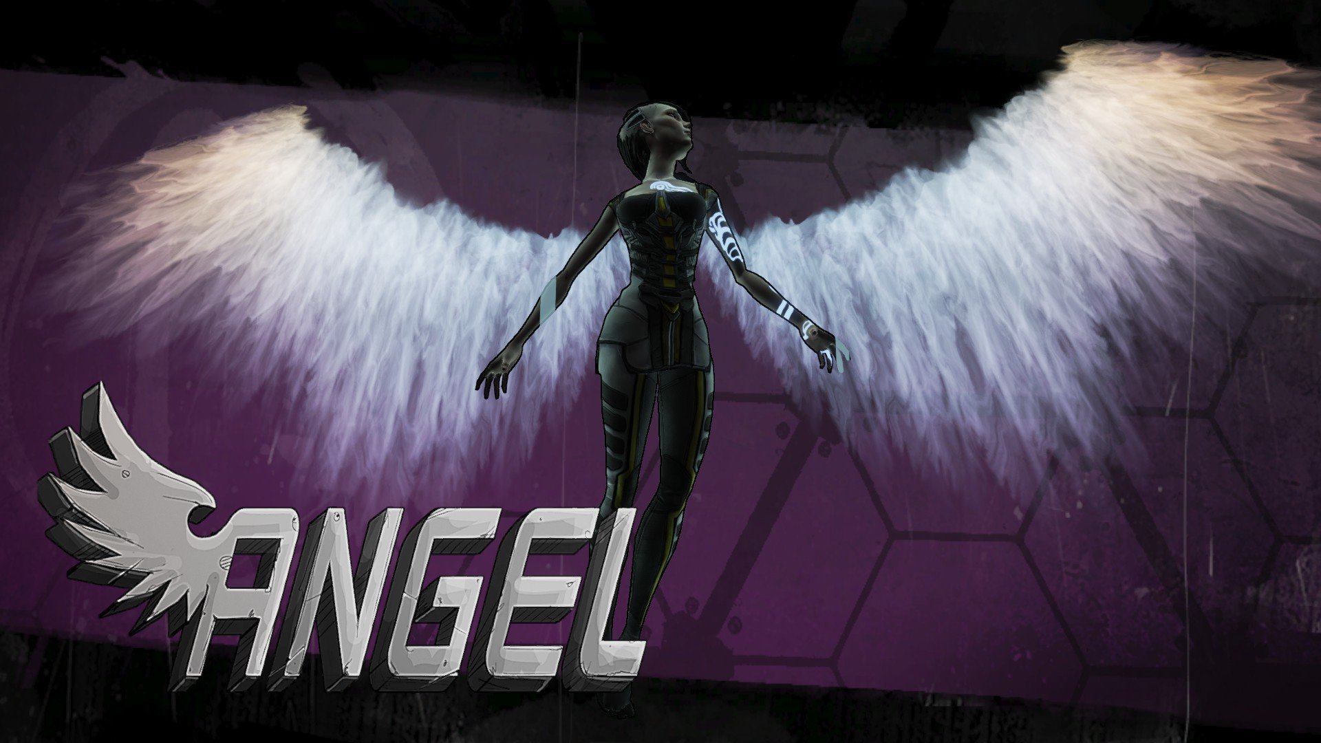 HD PC desktop wallpaper from the video game Borderlands 2 featuring the character Angel with glowing white wings against a dark background.