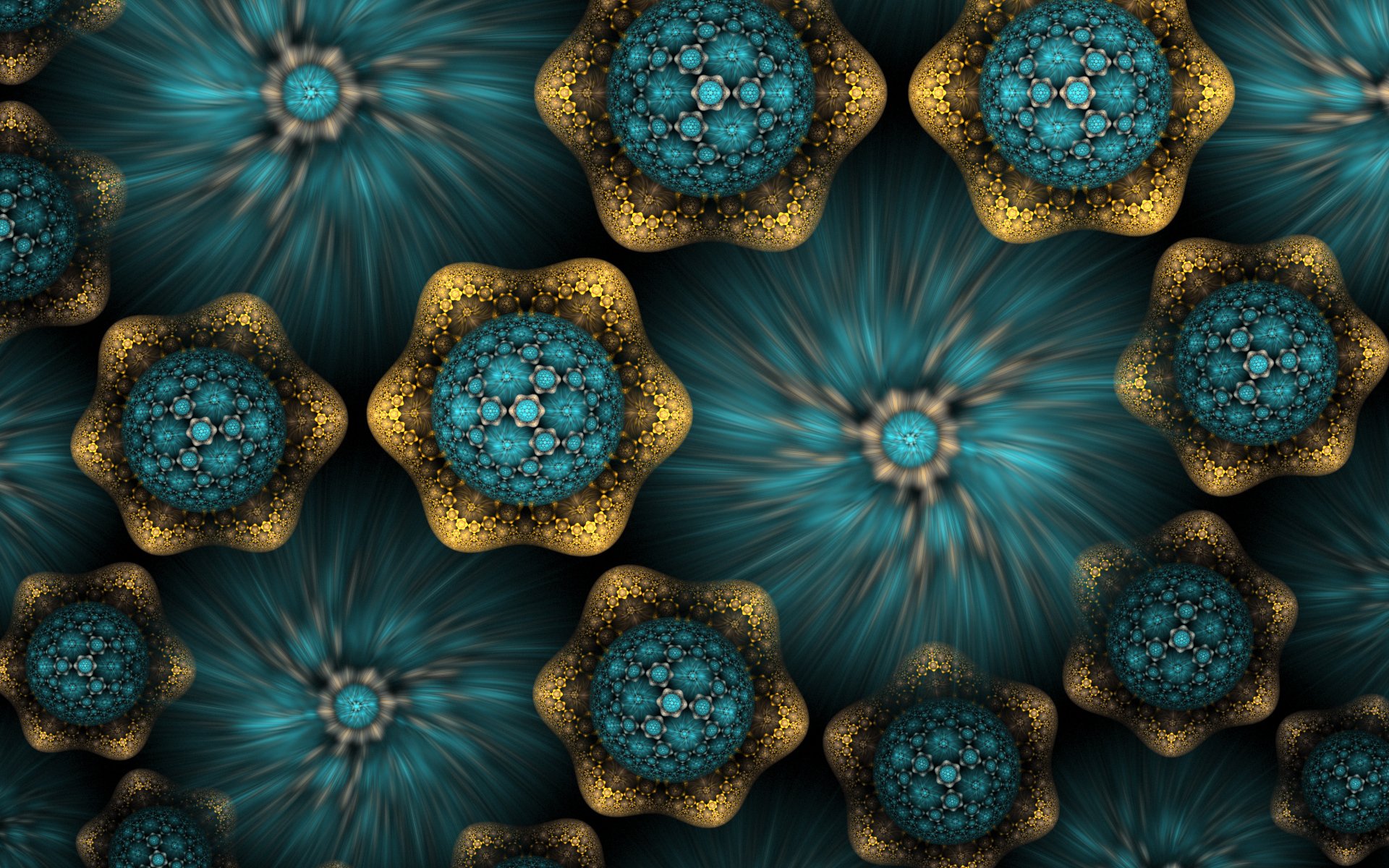 Abstract fractal teal-and-gold floral pattern with kaleidoscopic orbs and radiating textures — HD PC desktop wallpaper and background.