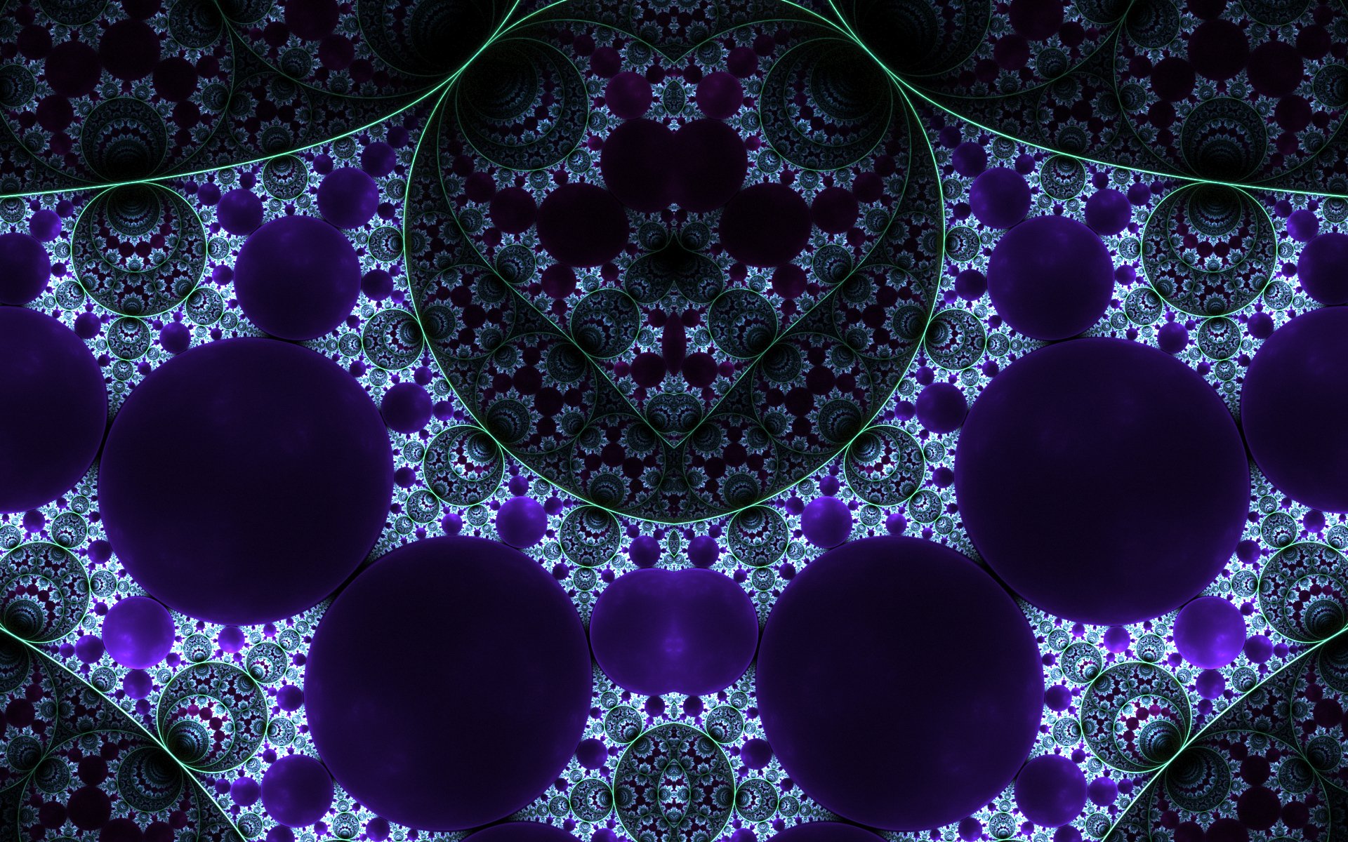 Abstract fractal HD PC desktop wallpaper background of deep purple and teal concentric spheres and lace-like floral patterns forming ornate, repeating arches.