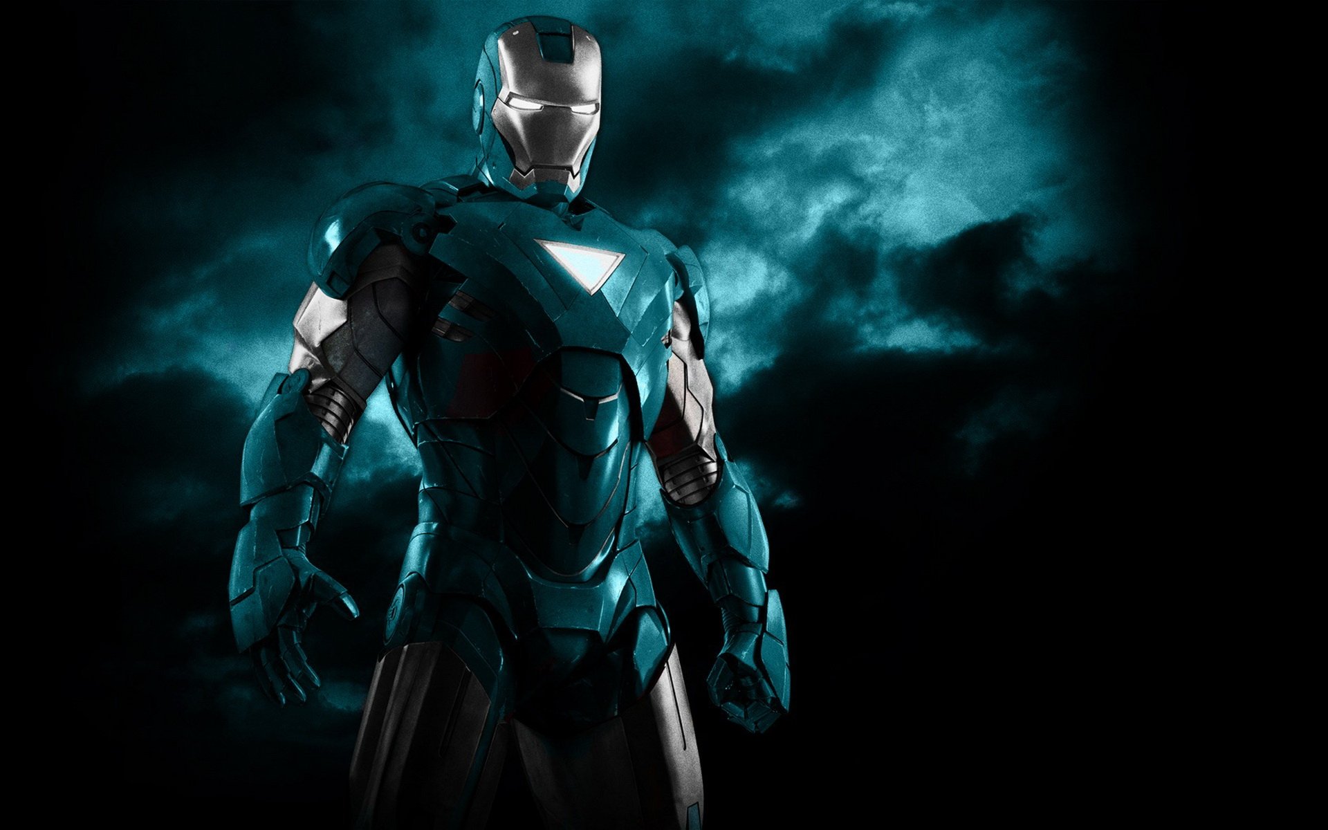 A striking HD desktop wallpaper featuring Iron Man, showcasing the iconic armored suit against a dramatic, cloud-filled backdrop.
