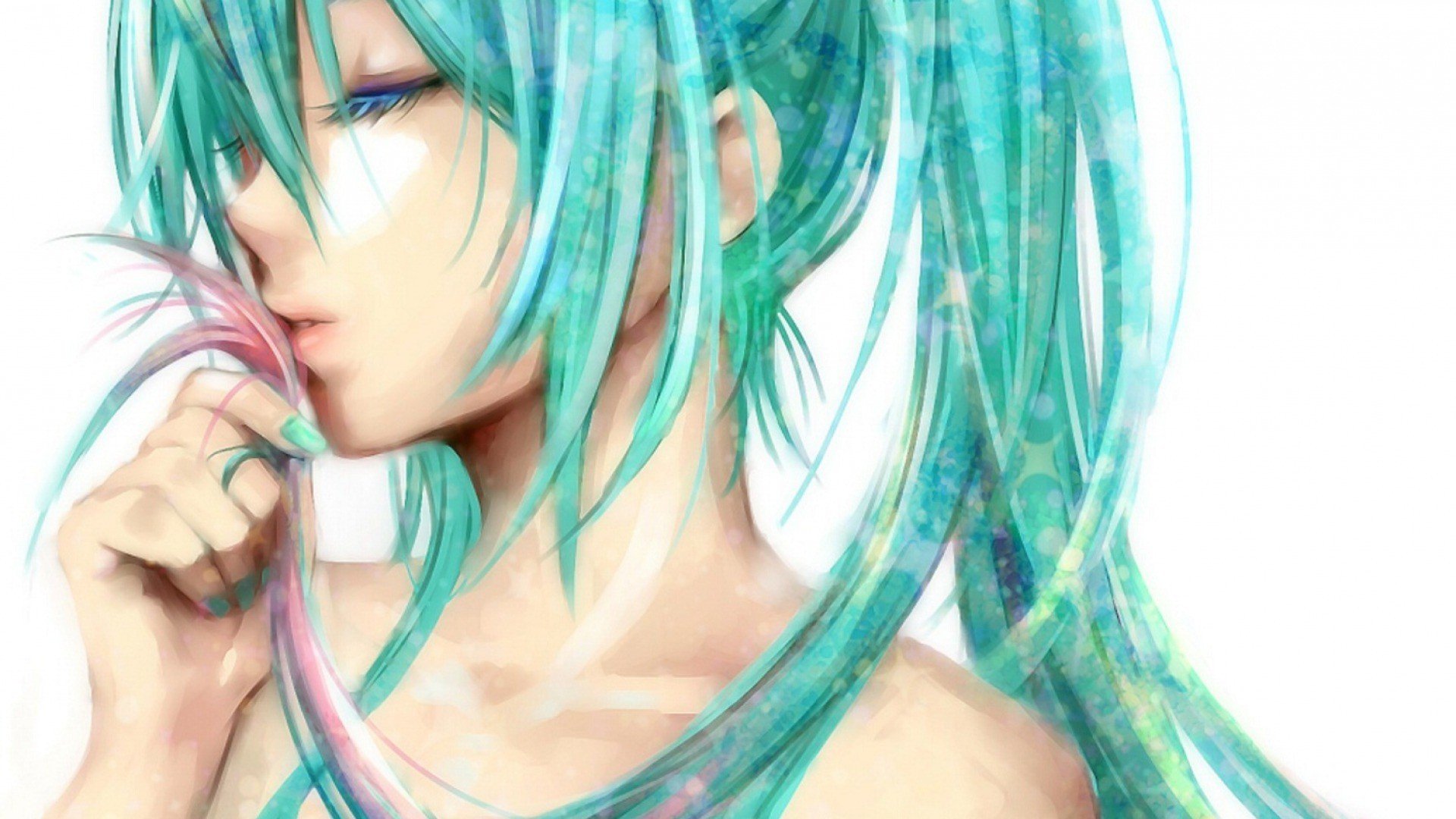 A vibrant HD wallpaper featuring Hatsune Miku, an iconic anime Vocaloid, showcasing her signature turquoise hair and artistic style.