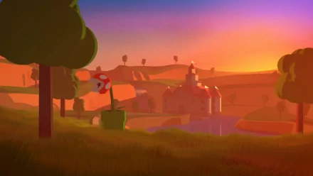 HD PC desktop wallpaper/background of a Mario video game scene: warm sunset over rolling hills, a Piranha Plant emerging from a green pipe with a distant castle silhouette.