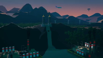 HD PC desktop wallpaper featuring a scene from the video game Just Cause 2 with mountains, a waterfall, industrial buildings, and helicopters at dusk.