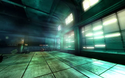 HD desktop wallpaper featuring an atmospheric scene from the game Hard Reset with rays of light streaming through blinds in a dim, stylized interior.