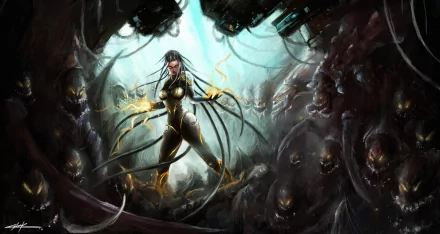 HD wallpaper featuring Sarah Kerrigan from StarCraft II: Heart of the Swarm, surrounded by alien creatures.