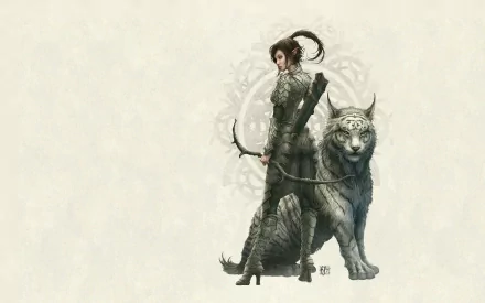 Fantasy archer in detailed armor stands confidently beside a large, fierce white tiger, set against a subtle textured background. HD PC desktop wallpaper.