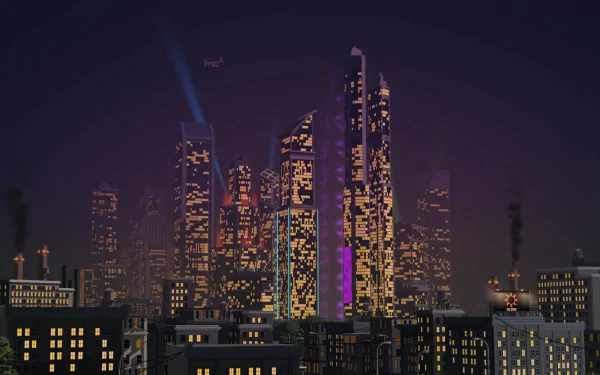 HD PC desktop wallpaper featuring a nighttime cityscape from the video game Saints Row IV, showcasing illuminated skyscrapers against a dark sky.