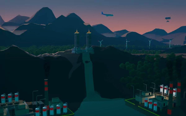 HD PC desktop wallpaper featuring a scene from the video game Just Cause 2 with mountains, a waterfall, industrial buildings, and helicopters at dusk.