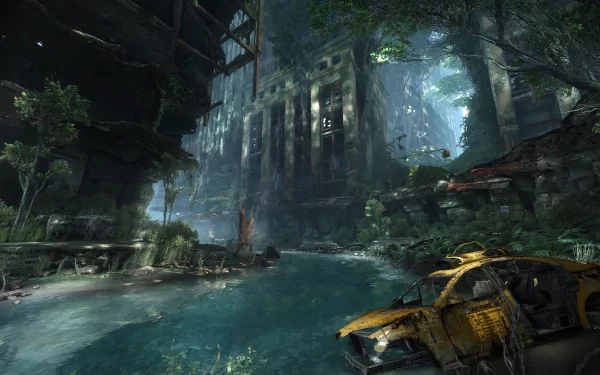 A stunning HD background from Crysis 3, showcasing a lush, overgrown landscape with a waterway and remnants of a futuristic city, blending nature and technology.