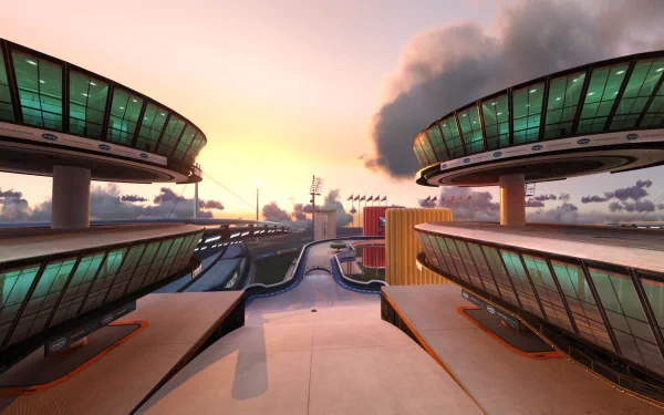 HD wallpaper of TrackMania 2 Stadium featuring futuristic race tracks at sunset.