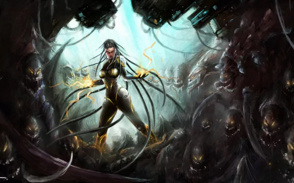 HD wallpaper featuring Sarah Kerrigan from StarCraft II: Heart of the Swarm, surrounded by alien creatures.