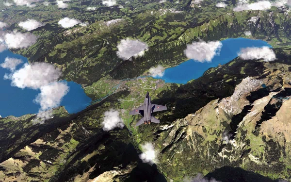 Aerofly FS game wallpaper featuring a plane flying over a detailed landscape with mountains, lakes, and clouds.