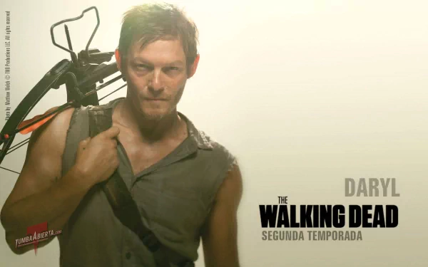 Daryl Dixon from The Walking Dead, portrayed by Norman Reedus, stands confidently with his crossbow in this HD desktop wallpaper, showcasing a striking moment from the series.