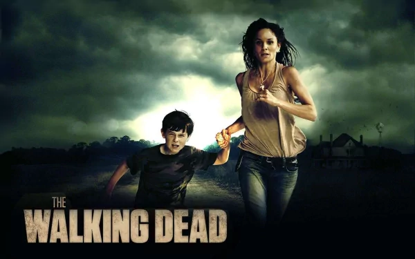 A dramatic scene from *The Walking Dead*, featuring Carl Grimes and Lori Grimes running together. The image captures the tension of the series in a dark, post-apocalyptic landscape.