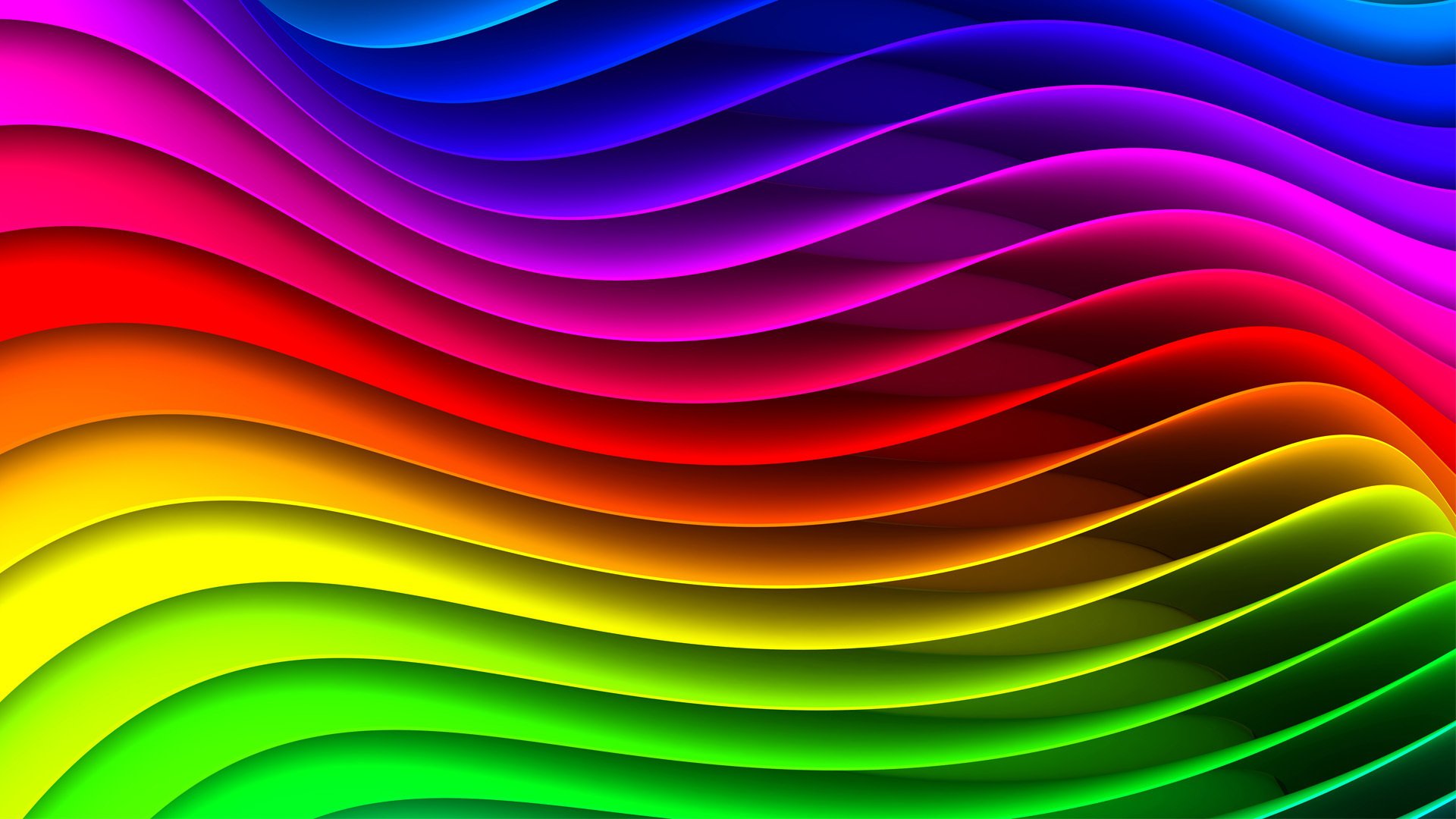 Vibrant 3D art with smooth, flowing waves in a rainbow gradient, designed as an HD PC desktop wallpaper and background.