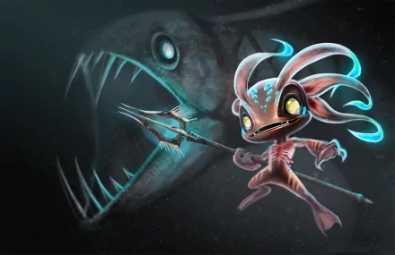An HD desktop wallpaper featuring Fizz from League of Legends, brandishing a spear with a menacing creature lurking in the background, showcasing vibrant colors and dynamic design.