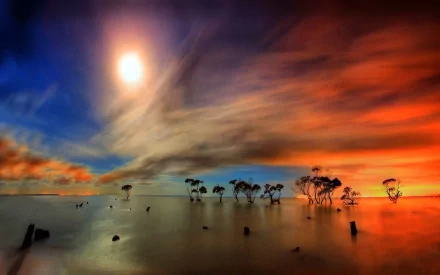 A vibrant sunset paints the sky in shades of blue, orange, and yellow over a tranquil water scene dotted with silhouettes of trees. A stunning nature-inspired HD desktop wallpaper.