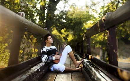 A beautiful HD desktop wallpaper featuring a man sitting on a wooden bridge amidst lush greenery, immersed in playing a small guitar-like instrument.