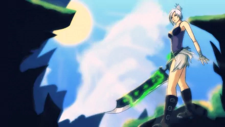 Riven (League of Legends) stands on a rocky outcrop at night, wielding her green-glowing broken blade beneath a crescent moon — HD PC desktop wallpaper, video game background.