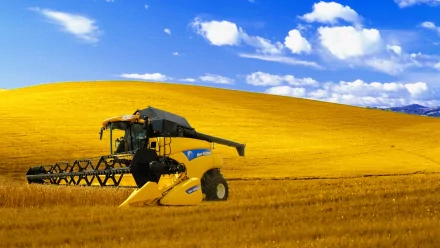 A New Holland vehicle working in a vibrant golden field under a clear blue sky, showcasing a beautiful agricultural landscape in this HD desktop wallpaper.
