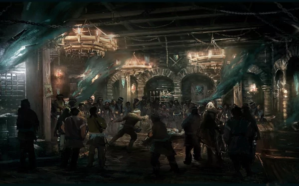 HD PC desktop wallpaper showcasing a dark, crowded interior scene from the video game Assassin's Creed: Brotherhood, featuring characters in intense action.