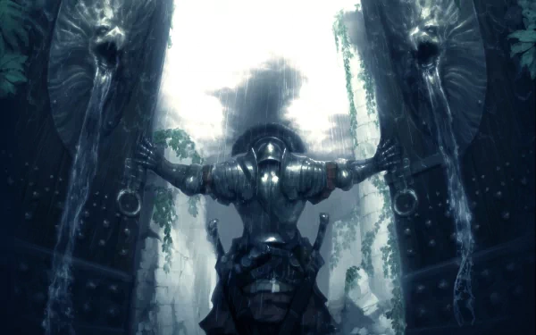 HD PC desktop wallpaper from the video game Vindictus, featuring a dark armored figure standing between two large stone statues with mysterious glowing eyes.