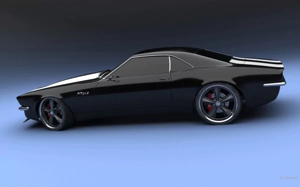 HD PC desktop wallpaper featuring a sleek black Chevrolet Camaro SS in a side profile against a dark gradient background.