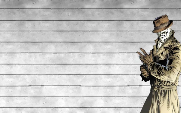 HD PC desktop wallpaper featuring Rorschach from the Watchmen comic, standing against a textured, tiled gray background.