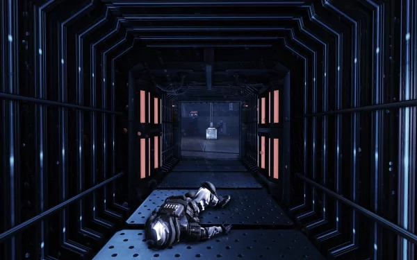 HD Blacklight: Retribution desktop wallpaper featuring a fallen soldier in a futuristic corridor illuminated by blacklight.