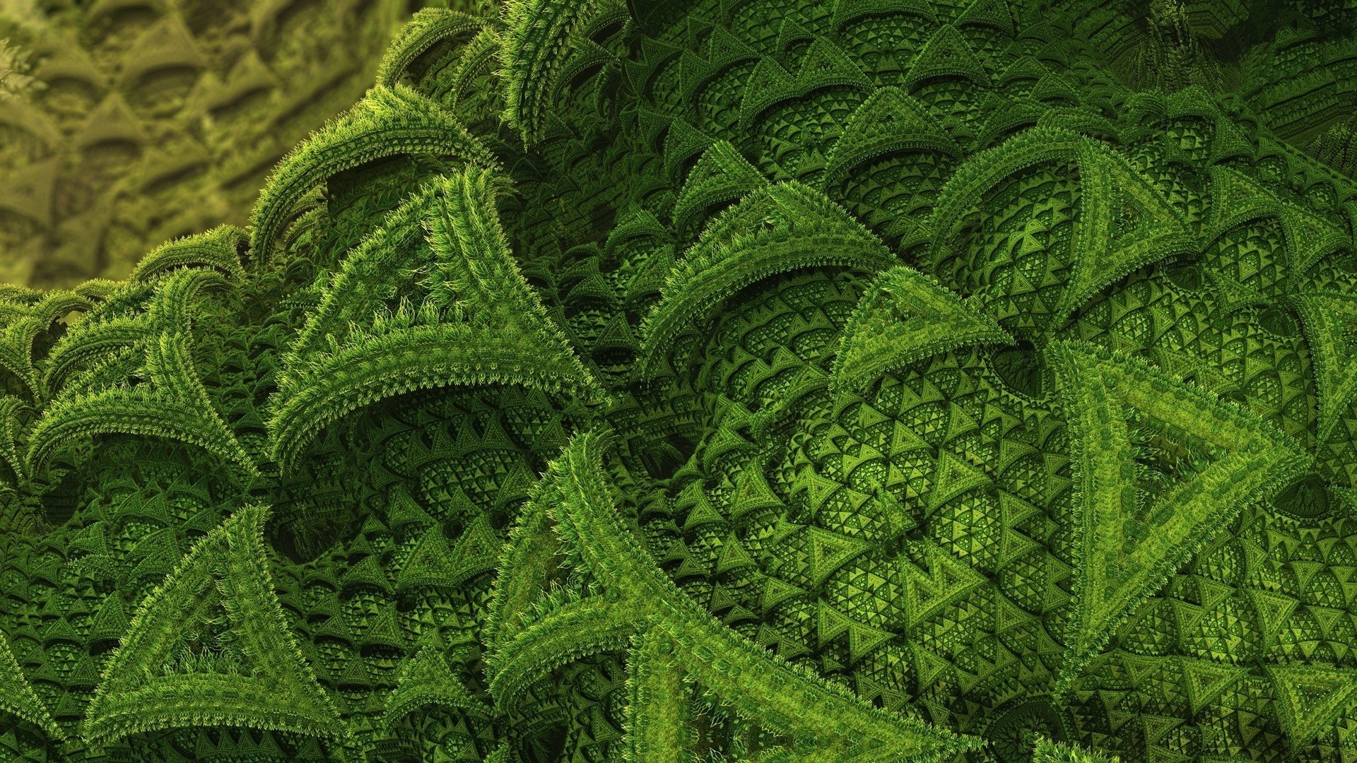 HD PC desktop wallpaper featuring an abstract fractal design with intricate, textured green patterns resembling layered leaves or scales.