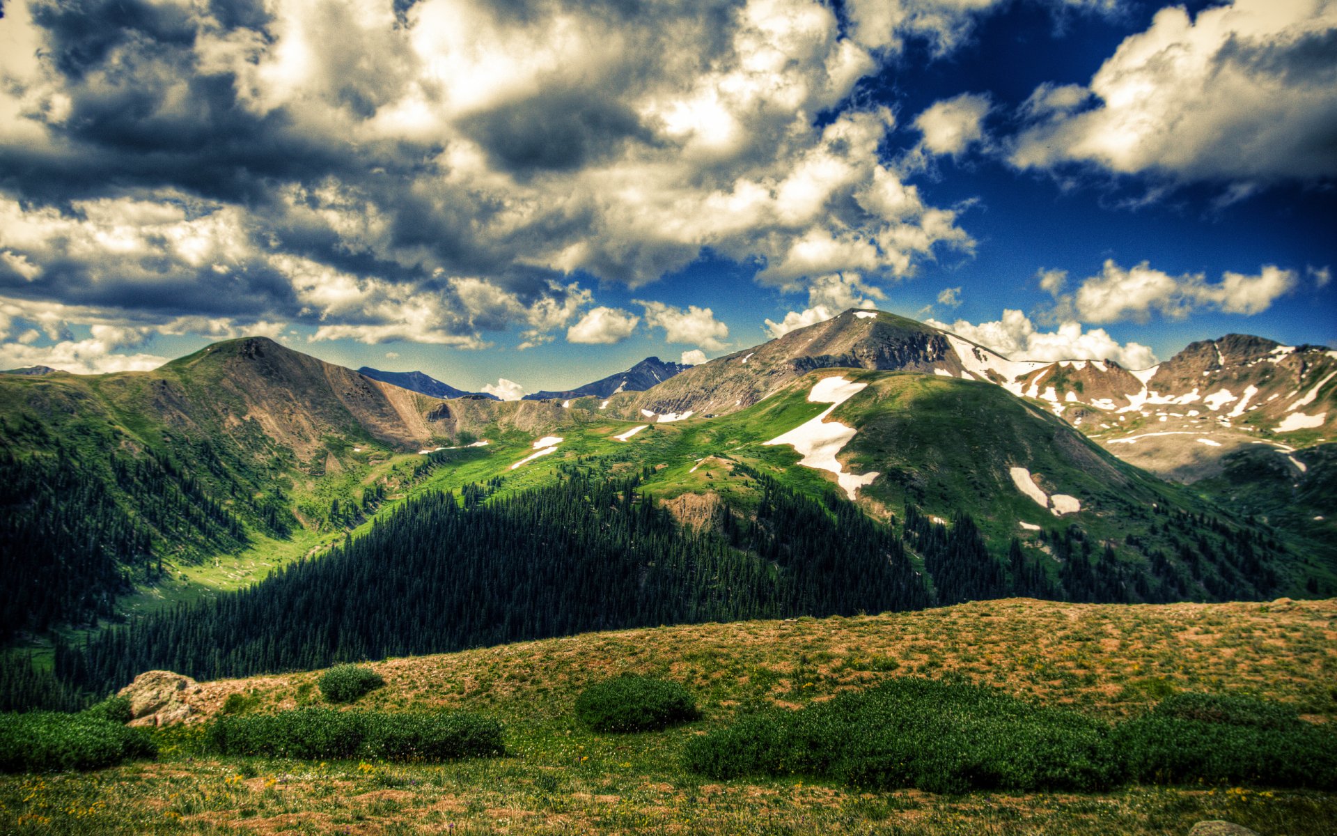 2K Quad HD PC desktop wallpaper: panoramic mountain landscape with grassy foreground, forested valleys and snow-dusted peaks beneath dramatic clouds and a deep blue sky.