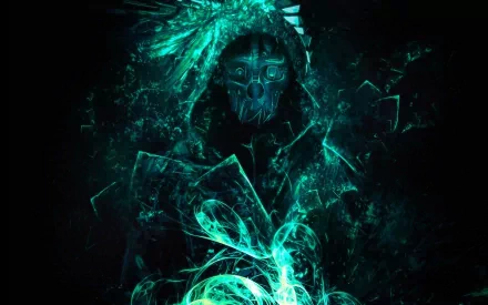 HD desktop wallpaper featuring Corvo Attano from the video game Dishonored, showcasing a striking dark figure surrounded by vibrant, ethereal blue-green effects.