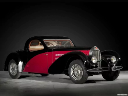 HD PC desktop wallpaper of a vintage Bugatti Type 57 vehicle: black and deep red streamlined coupe against a dark studio background.