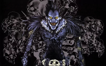 A striking HD desktop wallpaper featuring Ryuk from the anime Death Note, showcasing his menacing expression and dramatic design against a backdrop of skulls.