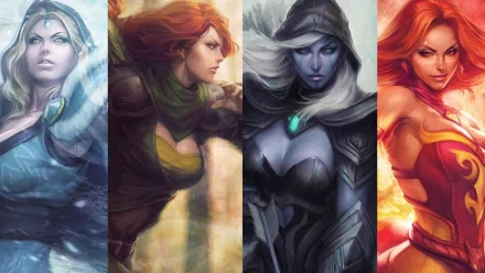 A dynamic HD wallpaper featuring characters from the video game DotA 2, showcasing vibrant artwork and distinct designs of powerful female heroes.