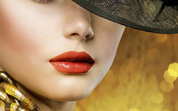 A close-up of a woman's lips, enhanced with vibrant red lipstick, set against a warm, sparkling background, creates a striking HD desktop wallpaper.