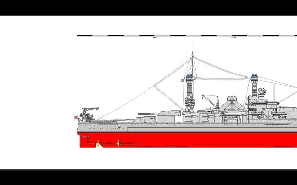 Side profile illustration of the USS South Dakota (BB-57) battleship in HD, showcasing military warship details with a red hull against a white background.