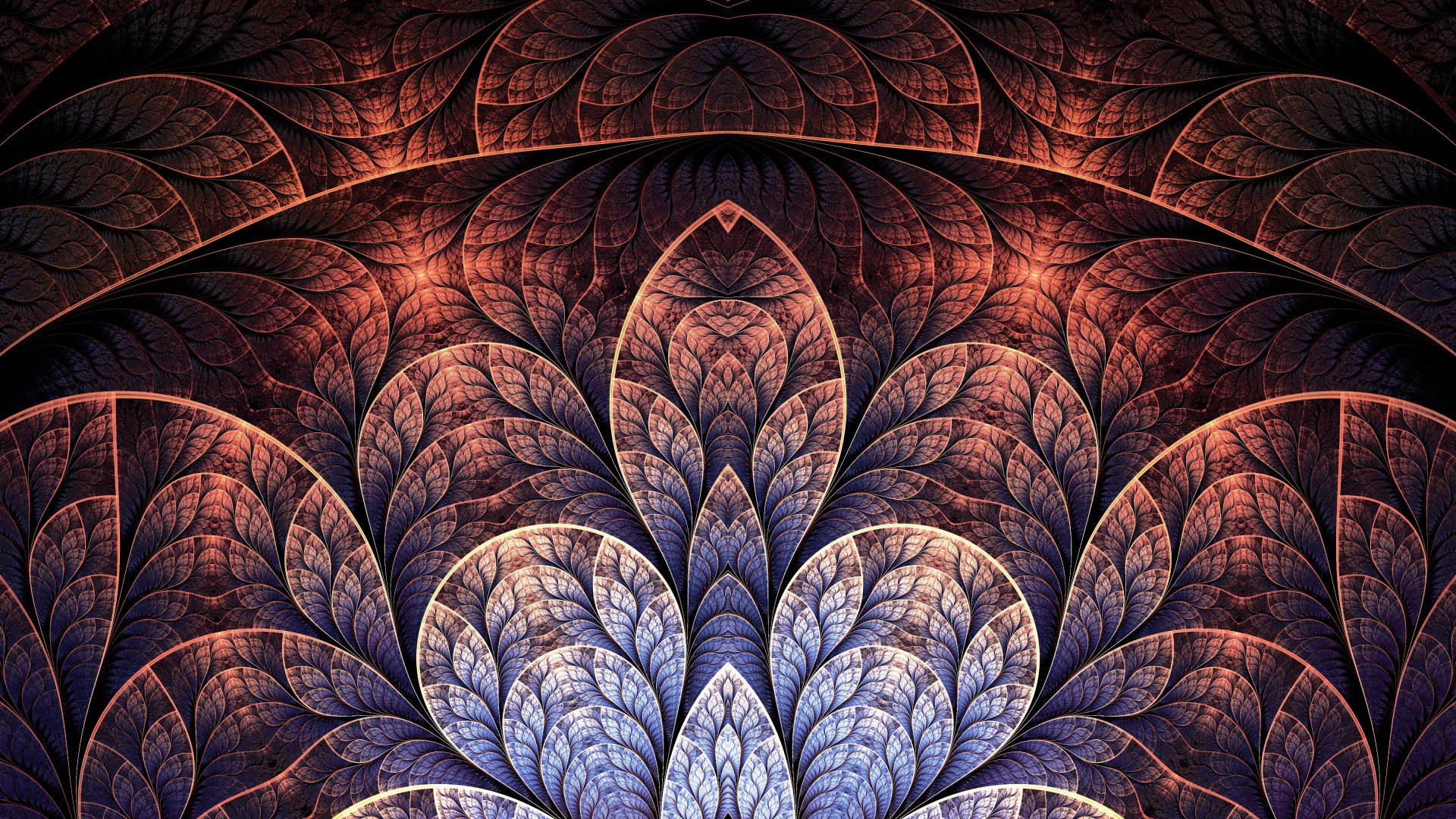 Abstract fractal design with intricate, colorful leaf patterns in psychedelic, trippy tones, rendered in 4K Ultra HD as a vibrant PC desktop wallpaper.
