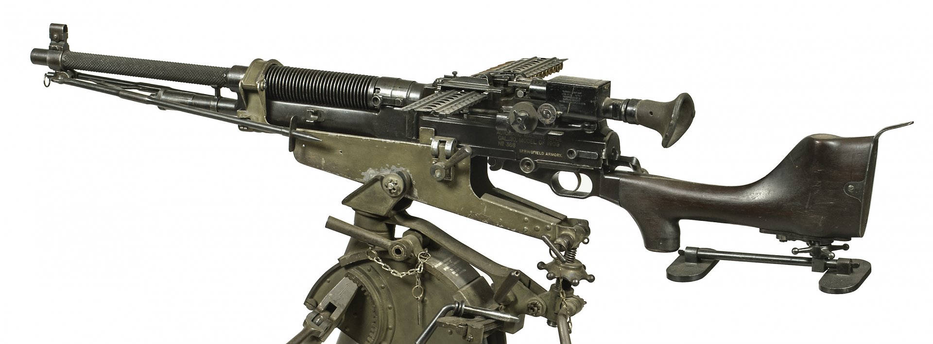 HD desktop wallpaper showing a close-up of a man-made rifle mounted on a tripod against a white background.