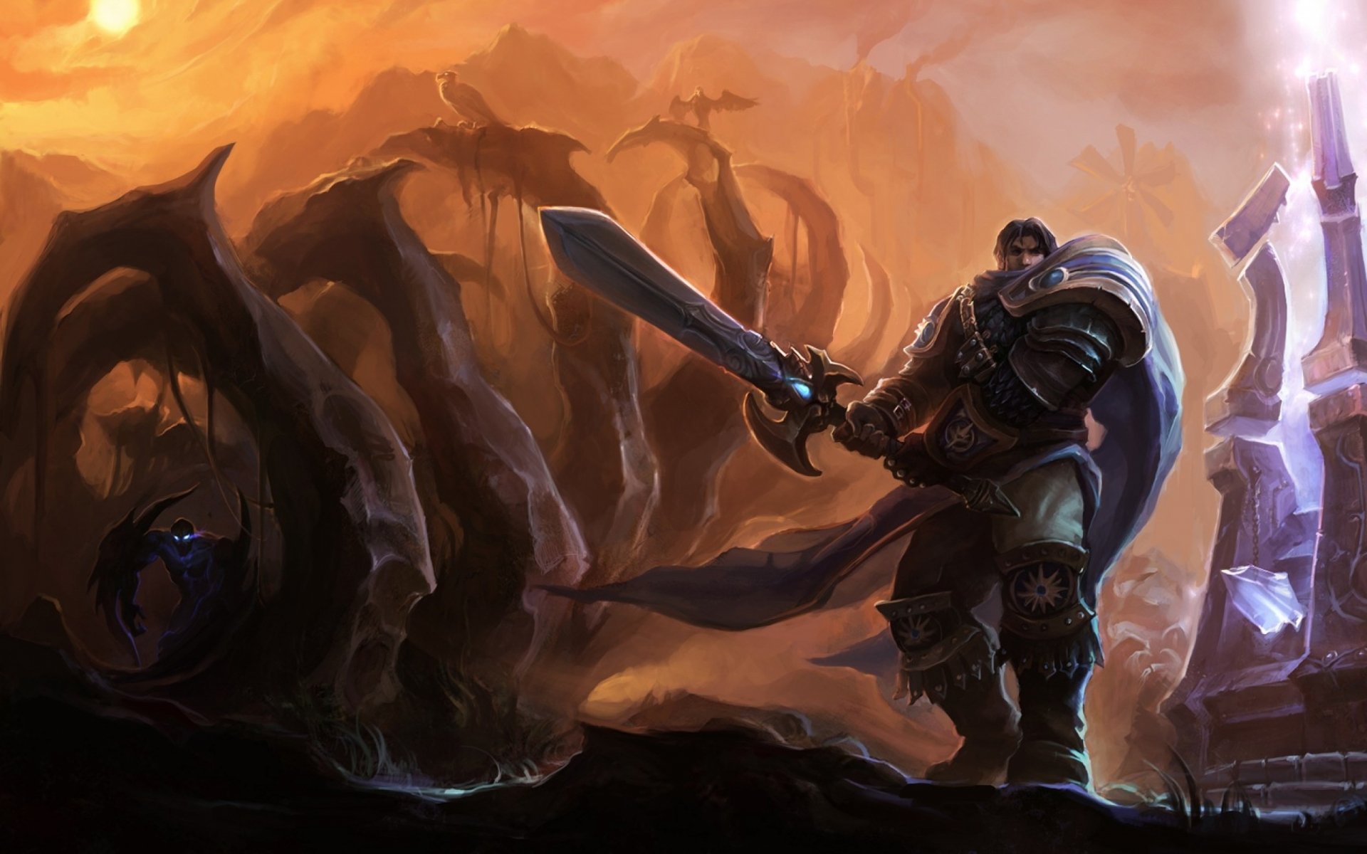 HD PC desktop wallpaper featuring Garen from League of Legends, depicted in armor with a large sword against a dramatic, fiery background from the video game.