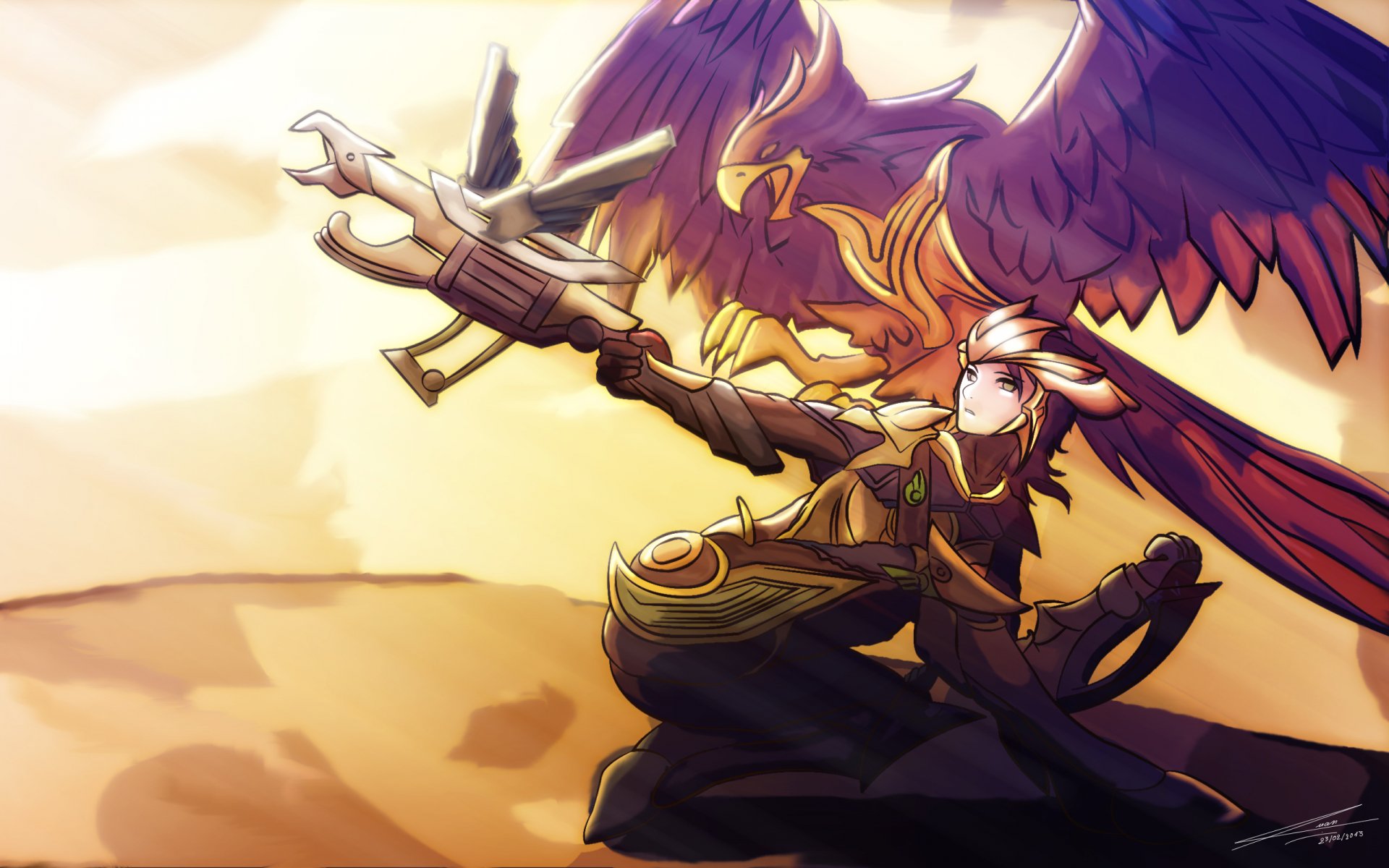 A dynamic HD wallpaper featuring Quinn from League of Legends, showcasing her in action with a majestic eagle, set against a vibrant sunset backdrop.