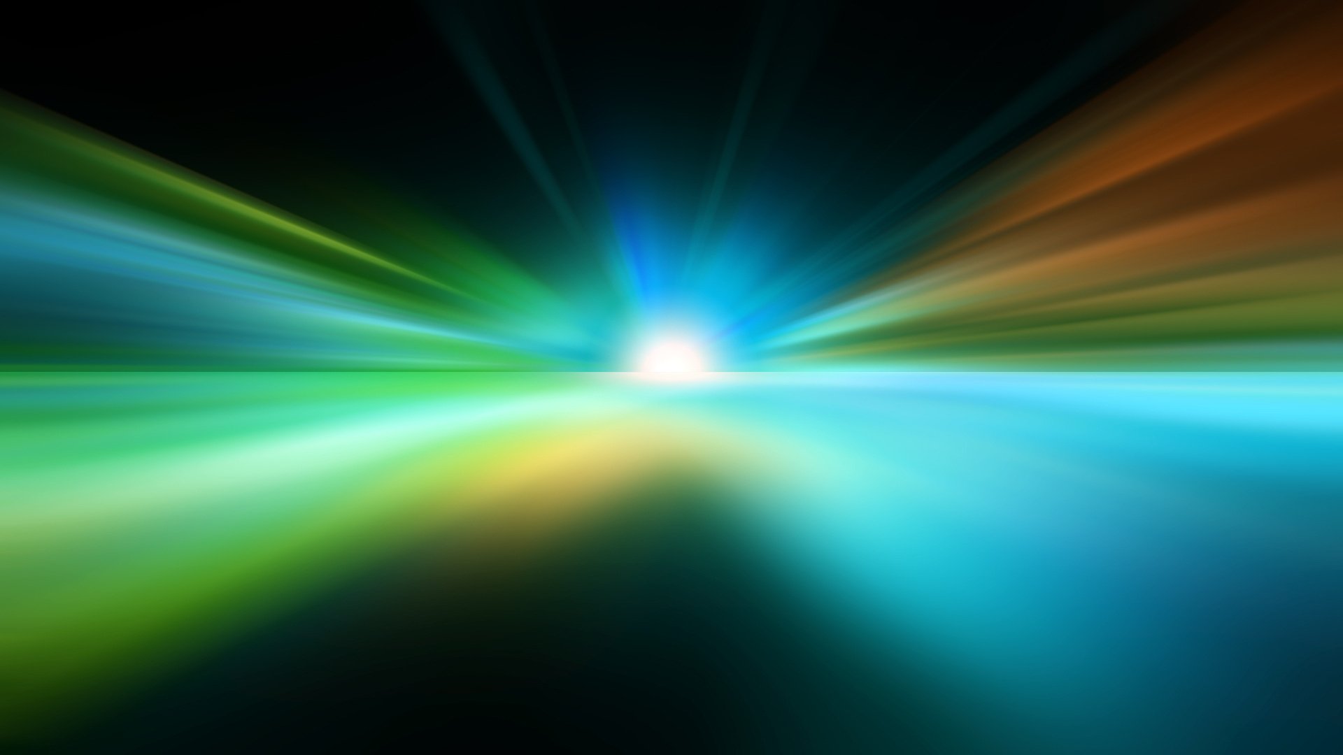 Abstract green and blue light streaks converge toward a bright white center on a smooth gradient background, creating a dynamic HD PC desktop wallpaper.