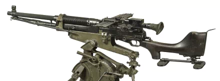 HD desktop wallpaper showing a close-up of a man-made rifle mounted on a tripod against a white background.